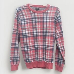 J Crew sweater WOMENS M plaid 100% cotton pink and gray pullover casual preppy